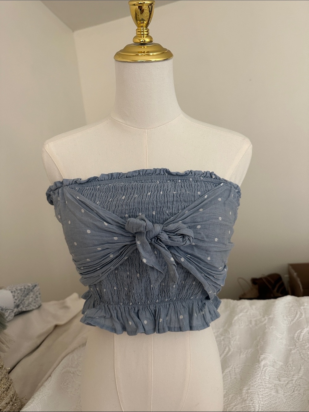 La Hearts Blue Polka Dot Smocked Tie-Front Tube Top
